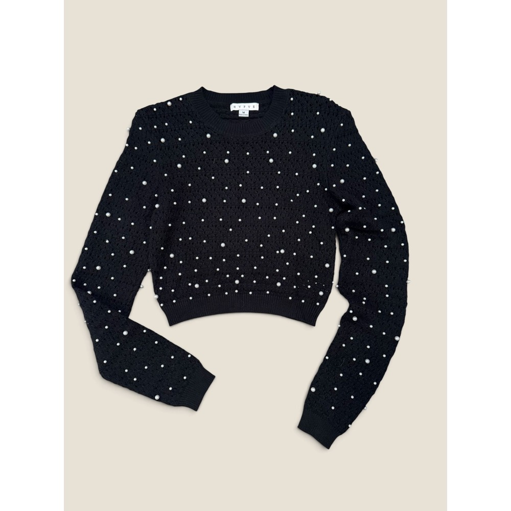 Hyfve Black Pearl Embellished Pointelle Cropped Sweater Medium